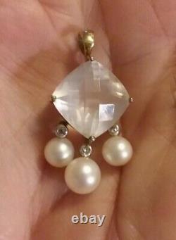 10 k yellow gold rose quartz, diamond and cultured pearl pendant