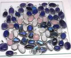 100 PCs Natural Moonstone, Rose Quartz, Lapis Gemstone Silver Plated Pendants
