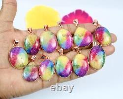 100 PCs Natural Rainbow Solar Quartz Gemstone Rose Gold Plated Pendant Jewelry