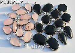100 Pcs Lot Rose Quartz Black Onyx Gemstone 925 Silver Plated Pendants MFA497