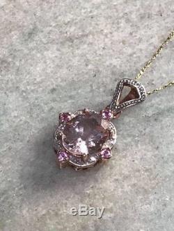 10k Solid Rose Gold Rose Quartz with Diamond Accent Pendant withChain