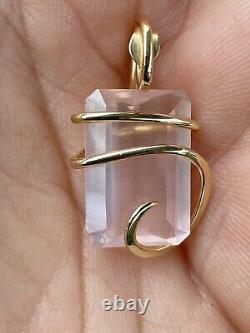 13.13ct Rose Quartz Faceted Rectangle Pendant In Forge 14K Yellow Gold Total Wt