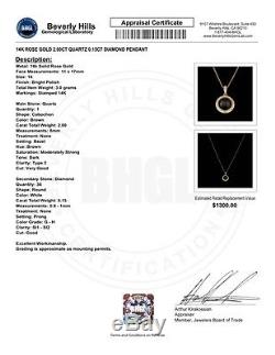 $1300 Certified 14k Rose Gold 2.00ct Quartz 0.15ct Diamond Pendant