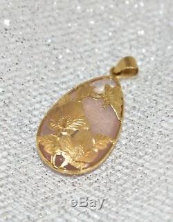 14 K Yellow Gold Pear-Shape Rose Quartz Flower Pendant 34 mm
