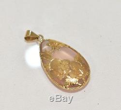 14 K Yellow Gold Pear-Shape Rose Quartz Flower Pendant 34 mm