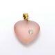 14K Gold Puffy Rose Quartz Love Heart Inlaid Genuine Diamond Charm Pendant 4.7gr