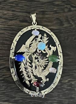 14K Gold onyx, Jade, opal, lapis, rose quartz dragon oval 10g! Pendant estate