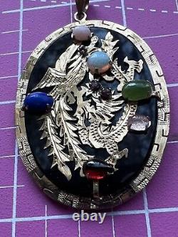 14K Gold onyx, Jade, opal, lapis, rose quartz dragon oval 10g! Pendant estate