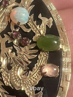 14K Gold onyx, Jade, opal, lapis, rose quartz dragon oval 10g! Pendant estate