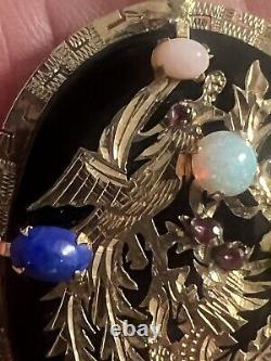 14K Gold onyx, Jade, opal, lapis, rose quartz dragon oval 10g! Pendant estate