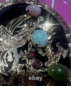 14K Gold onyx, Jade, opal, lapis, rose quartz dragon oval 10g! Pendant estate