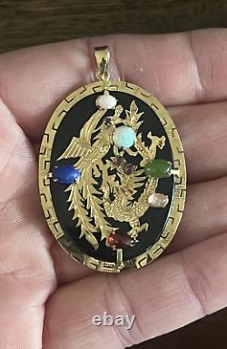 14K Gold onyx, Jade, opal, lapis, rose quartz dragon oval 10g! Pendant estate