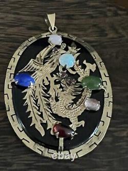 14K Gold onyx, Jade, opal, lapis, rose quartz dragon oval 10g! Pendant estate