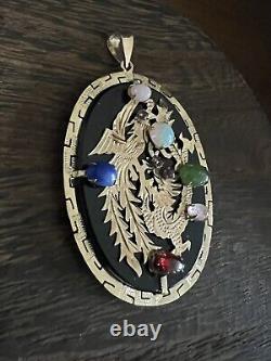 14K Gold onyx, Jade, opal, lapis, rose quartz dragon oval 10g! Pendant estate