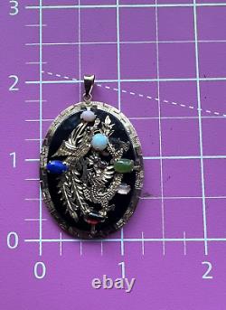 14K Gold onyx, Jade, opal, lapis, rose quartz dragon oval 10g! Pendant estate