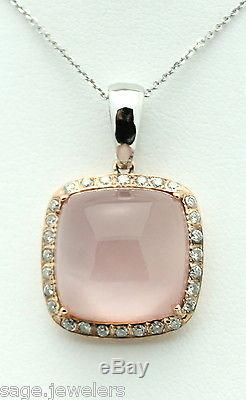 14K Pink Gold Liquid Rose Quartz & Diamond Pendant on White Gold Chain Necklace