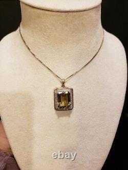 14K ROSE GOLD Emerald-Cut LEMON QUARTZ & DIAMOND Double Halo 18 Necklace