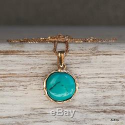 14K Solid ROSE GOLD Round 12 mm TURQUOISE TURQUOISE Pendant HANDMADE JEWELRY