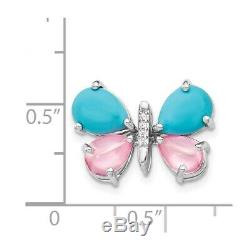 14K White Gold Diamond and Cabochon Turquoise and Rose Quartz Butterfly Pendant