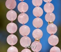14K YELLOW GOLD 12.2mm ROSE QUARTZ BEADS 2.6 CARVED Pendant 30 LONG NECKLACE