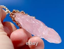 14K YELLOW GOLD 12.2mm ROSE QUARTZ BEADS 2.6 CARVED Pendant 30 LONG NECKLACE
