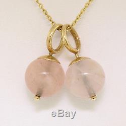 14K Yellow Gold Double 10mm Pink Rose Quartz Bead Pendant & 16 Cable Link Chain