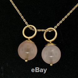 14K Yellow Gold Double 10mm Pink Rose Quartz Bead Pendant & 16 Cable Link Chain