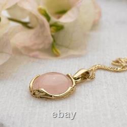 14K Yellow Gold Handmade 12mm Rose Quartz Round Pendant Necklace Jewelry For Her