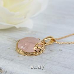 14K Yellow Gold Plated Rose Quartz Vintage Large Pendant Necklace For Women Her