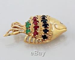 14K Yellow Gold Sapphire, Emerald, Ruby Rose Quartz Fish Pin & Estate Pendant