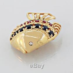 14K Yellow Gold Sapphire, Emerald, Ruby Rose Quartz Fish Pin & Estate Pendant