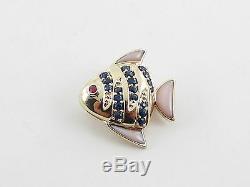 14K Yellow Gold Sapphire Ruby Rose Quartz Fish Pin Charm And Pendant