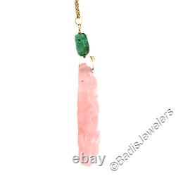 14k Gold GIA Large Floral Carved Rose Quartz with Green Tourmaline Pendant & Chain