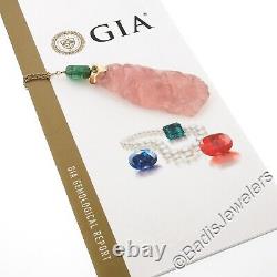 14k Gold GIA Large Floral Carved Rose Quartz with Green Tourmaline Pendant & Chain