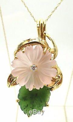 14k Gold Genuine Rose Quartz Flower & Carved Jade Pendant with Diamond (#3588)