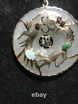 14k Gold Jade Phoniex and Dragon Pendant