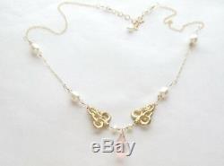 14k Gold Vintage French Double Snake Rose Quartz Pearl Necklace