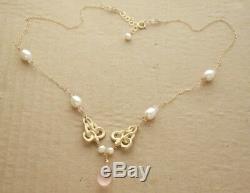 14k Gold Vintage French Double Snake Rose Quartz Pearl Necklace