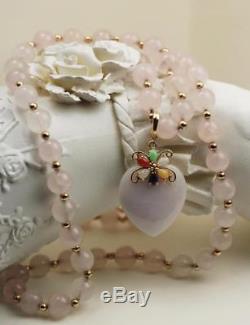 14k Lavender Heart Jade Enhancer With 14k Rose Quartz Beaded Necklace