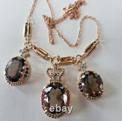 14k Rose Gold Necklace Smokey Quartz Pendant Ruby Sapphire Diamond Crown Cross