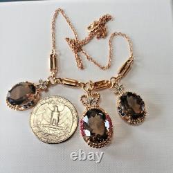 14k Rose Gold Necklace Smokey Quartz Pendant Ruby Sapphire Diamond Crown Cross