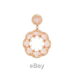 14k Rose Gold Pave Diamond Rose Pink Quartz Pendant Circle Halo Necklace