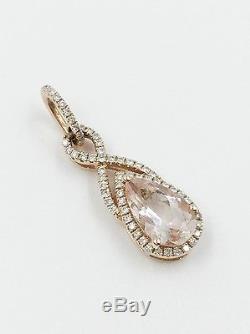 14k Rose Gold Pink Pear Cut Teardrop Rose Quartz Diamond Necklace Pendant