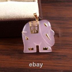 14k Solid Gold Jewelry Natural Rose Quartz Gemstone Hand Carved Elephant Pendant