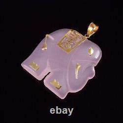 14k Solid Gold Jewelry Natural Rose Quartz Gemstone Hand Carved Elephant Pendant