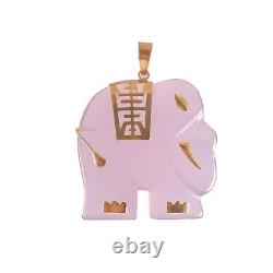 14k Solid Gold Jewelry Natural Rose Quartz Gemstone Hand Carved Elephant Pendant