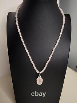 14k White Gold Faceted Rose Quartz Peridot Necklace With Pendant SF Signed