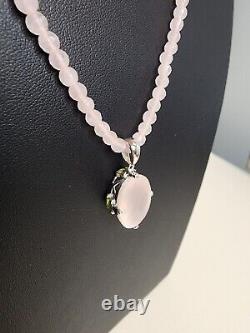 14k White Gold Faceted Rose Quartz Peridot Necklace With Pendant SF Signed