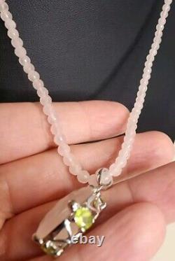 14k White Gold Faceted Rose Quartz Peridot Necklace With Pendant SF Signed