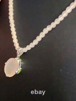 14k White Gold Faceted Rose Quartz Peridot Necklace With Pendant SF Signed